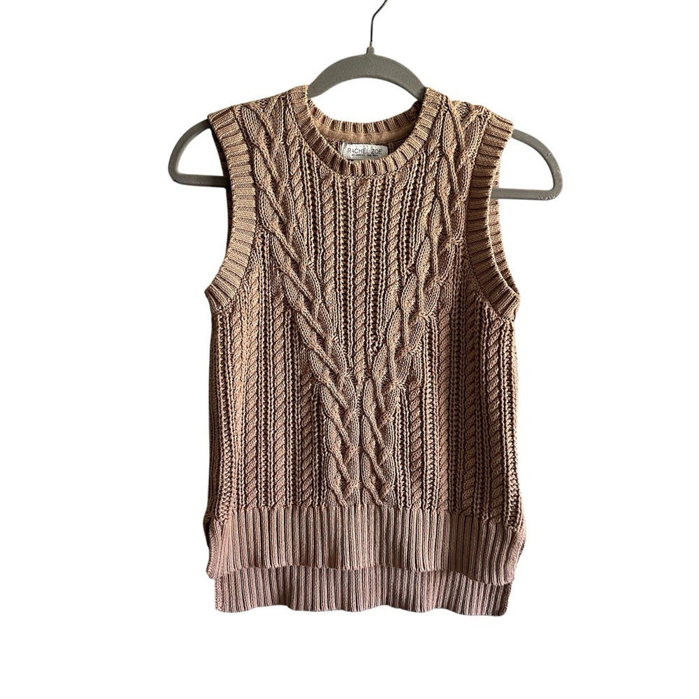 Rachel Zoe Tan Cable Knit Vest Sleeveless Sweater Hi Low Size XS Boho Fisherman